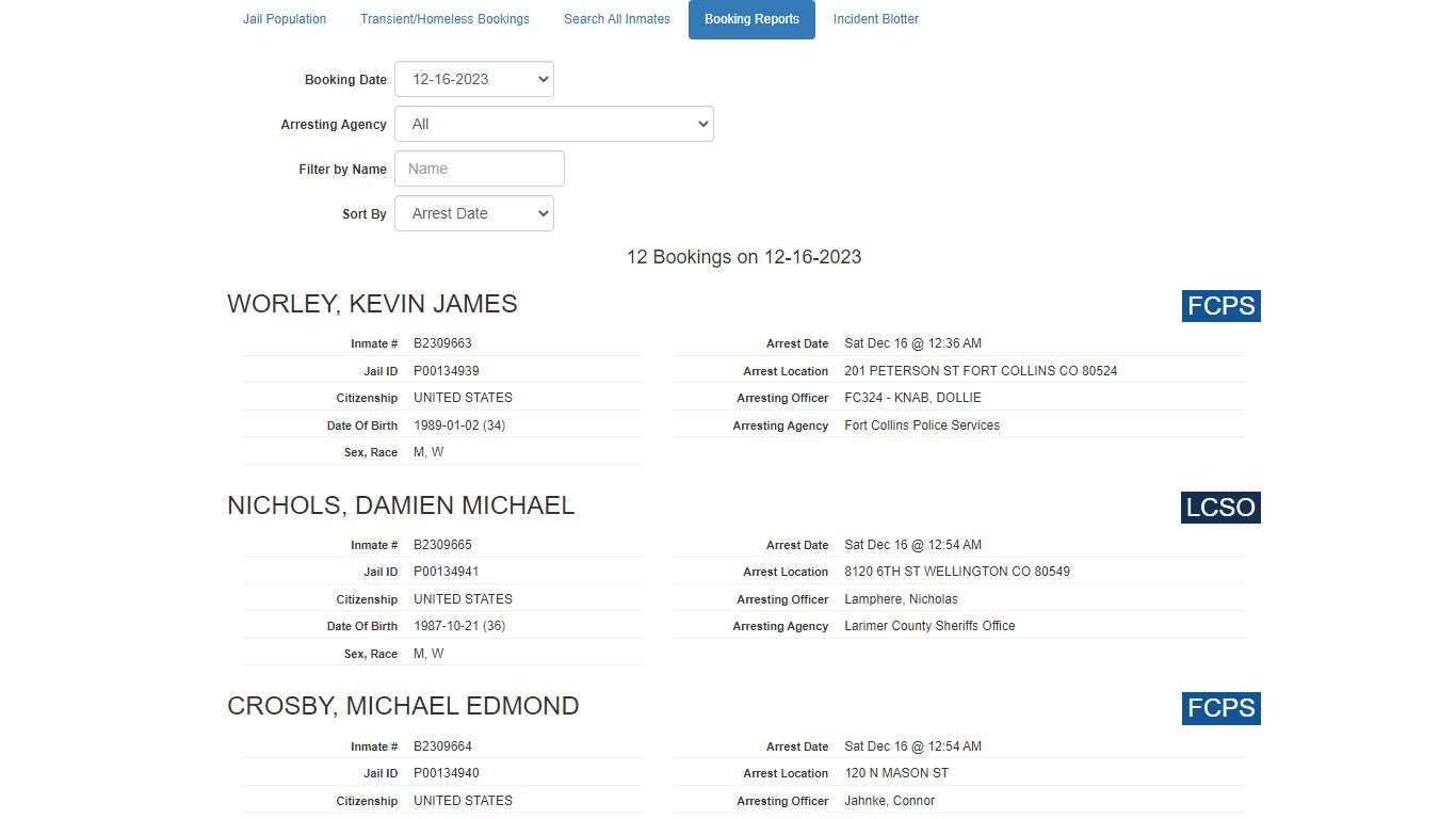 Booking Report - Larimer County Sheriff